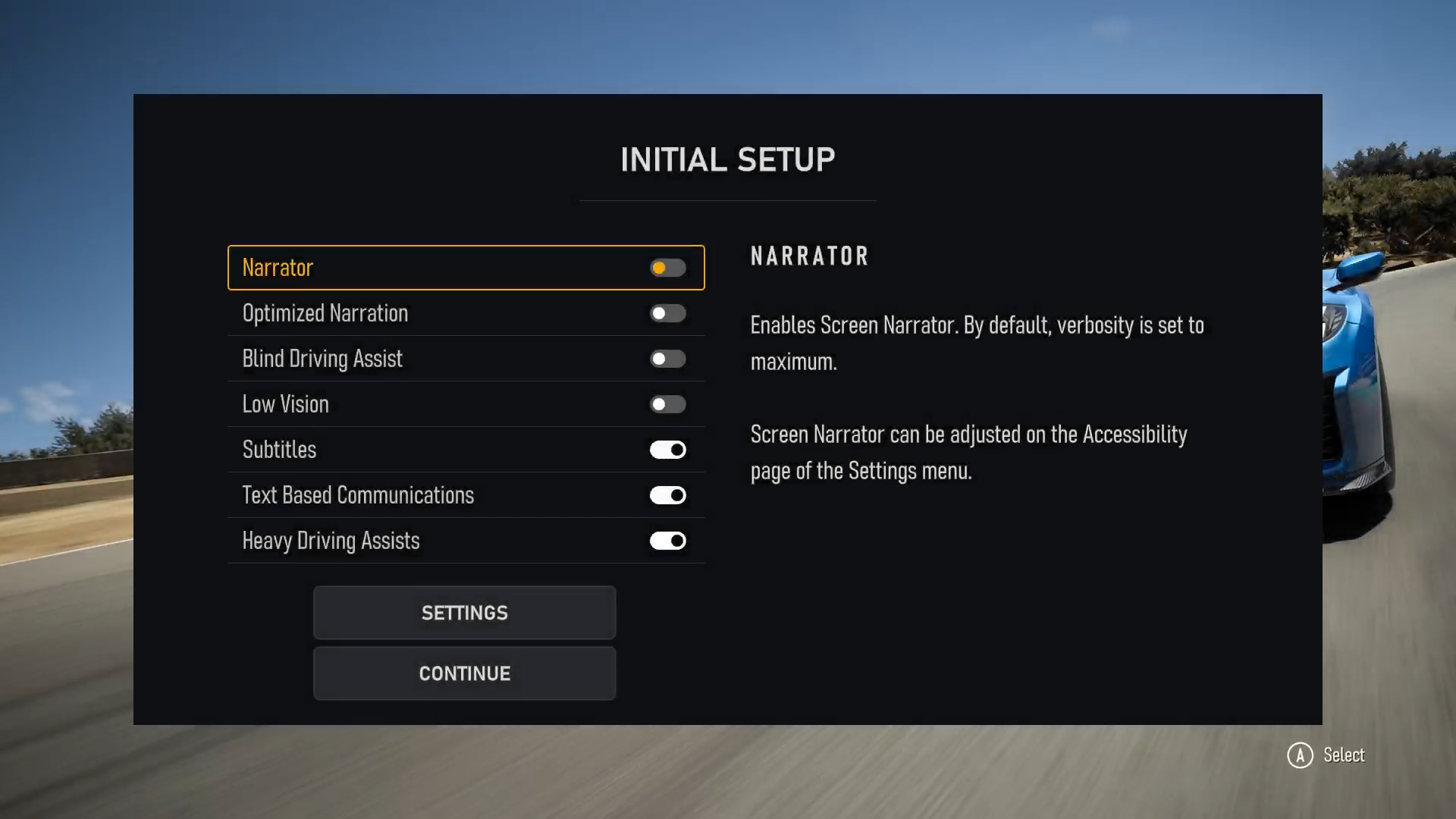 The initial setup screen for Forza Motorsport, showcasing various accessibility settings such as on-screen narration, blind driving assists, subtitles, and more.