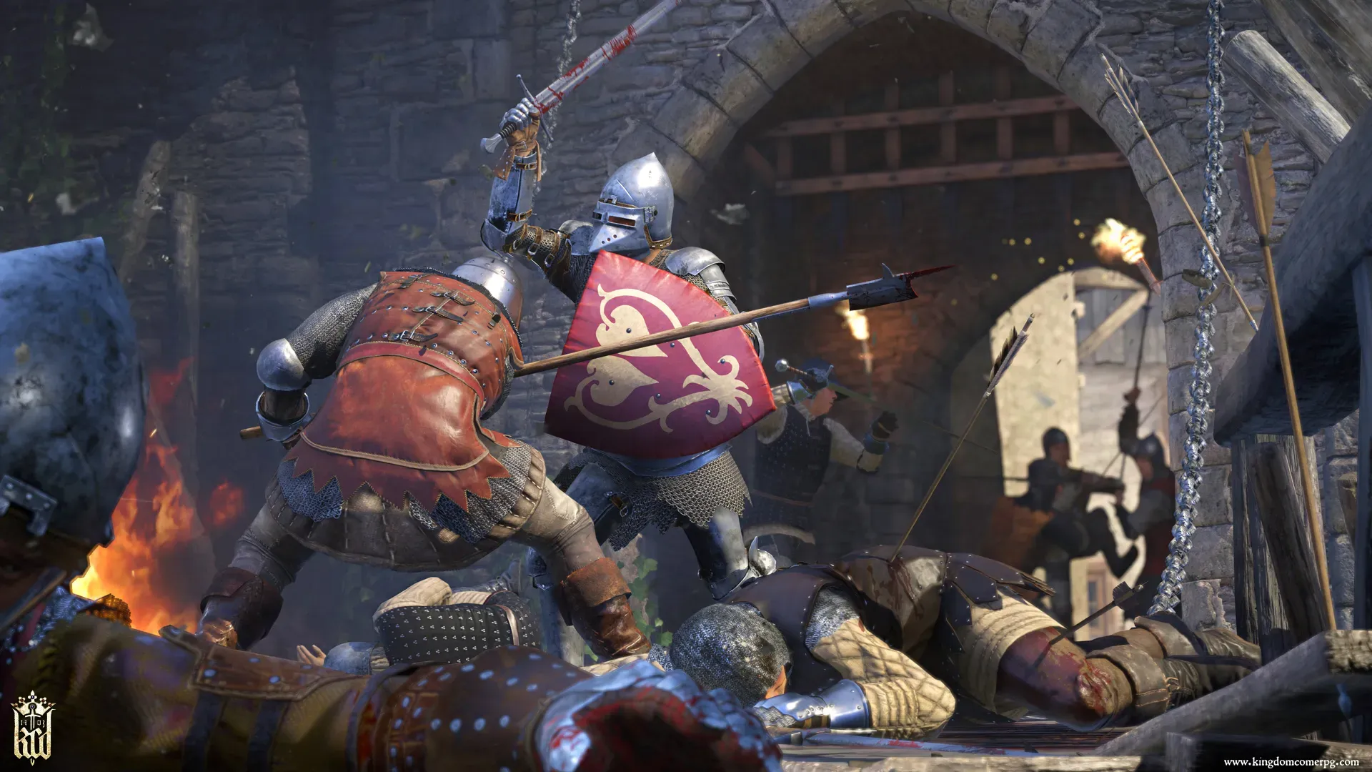 Two knights from Kingdom Come: Deliverance battling on a drawbridge