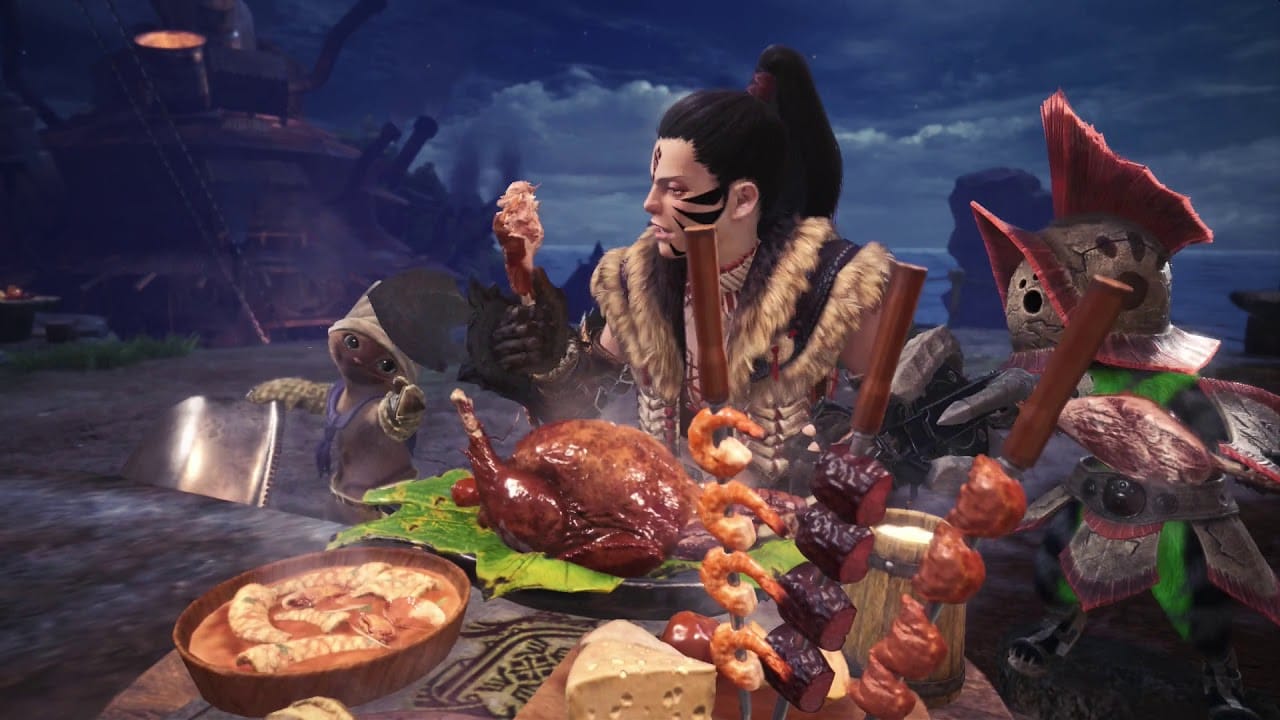 An adventurer appreciating a rotisserie chicken leg, sitting at a table laid with a beautifully cooked feast - a screenshot from Monster Hunter World