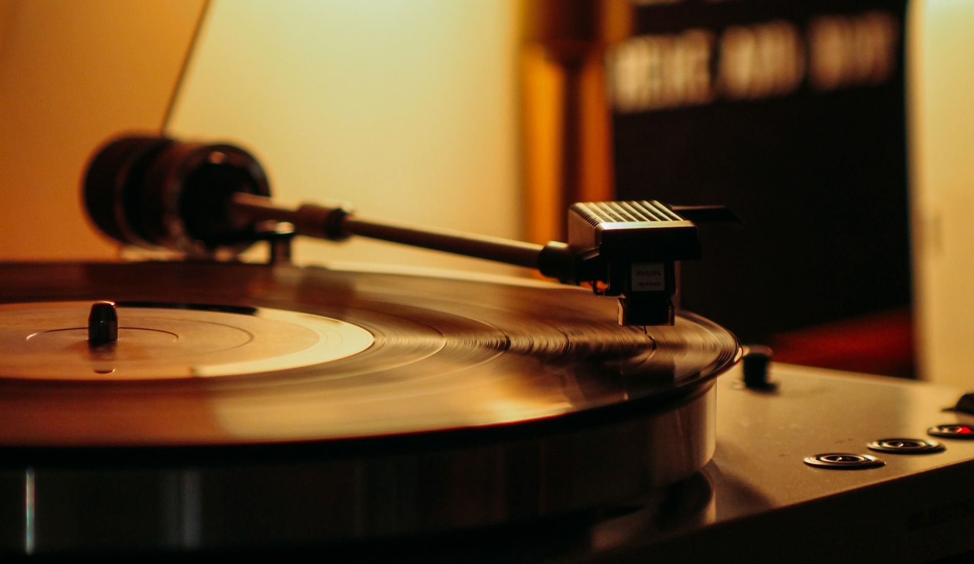 vinyl record player on table