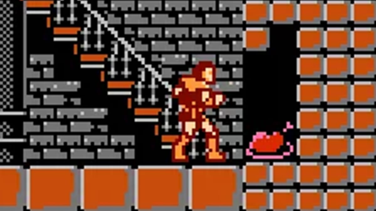 Pixel art of an adventurer discovering a chicken embedded behind the bricks of a castle wall - A screenshot from Castlevania
