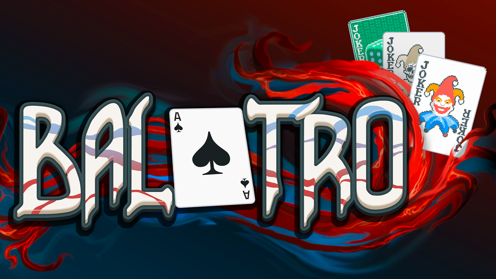 Logo for the Balatoro game engulfed in red and blue pixelated flames, and a set of "joker cards"