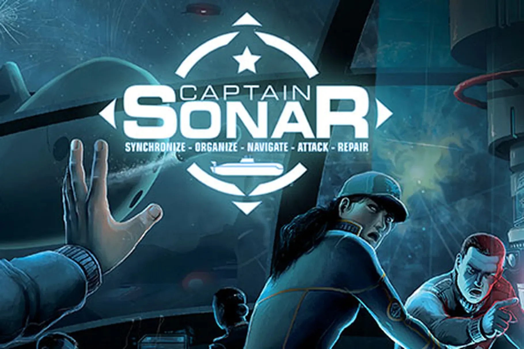 Logo for Captain Sonar board game, with an illustrated background that appears to be inside of a submarine command station.