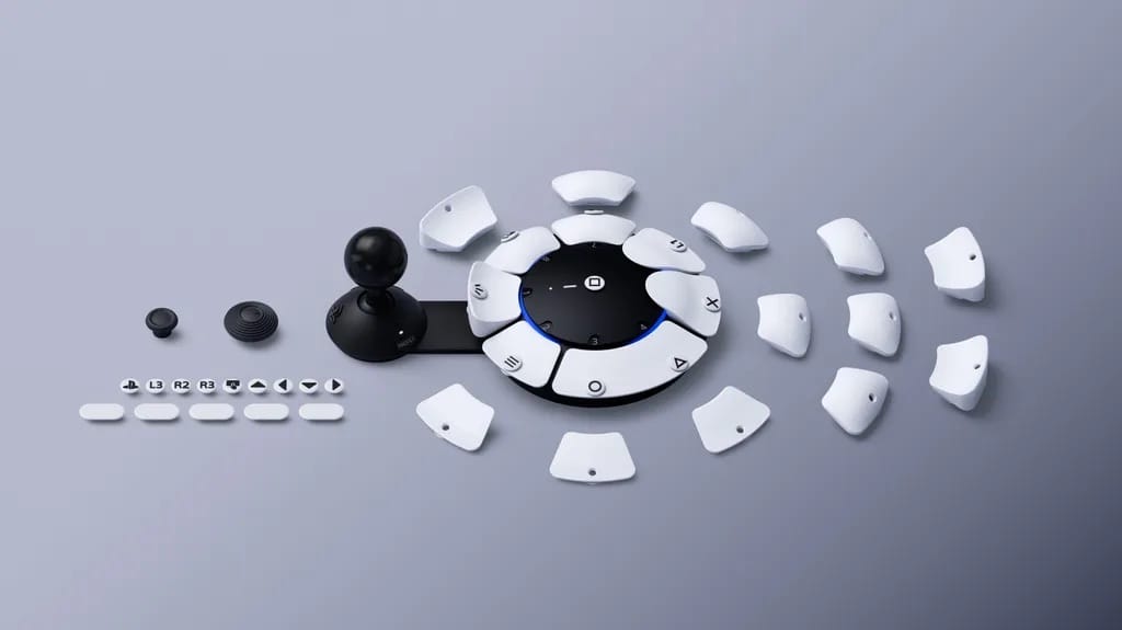 Top-down view of a Sony Access Controller and all included accessories