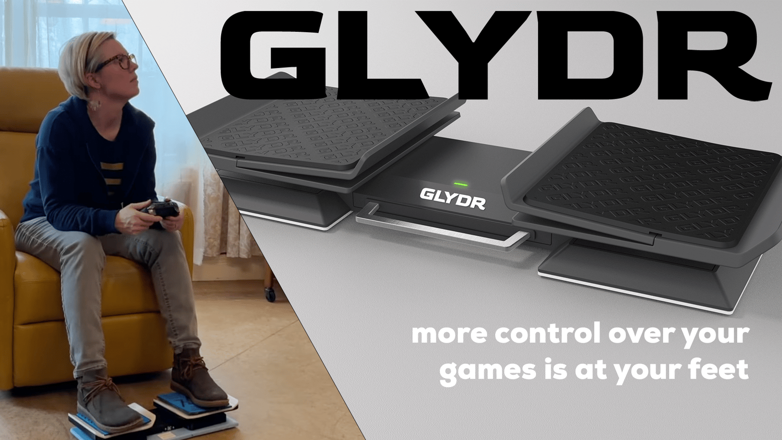 Promotional image of the GLYDR foot controller, showing a person playing games while resting their feet on the controller.