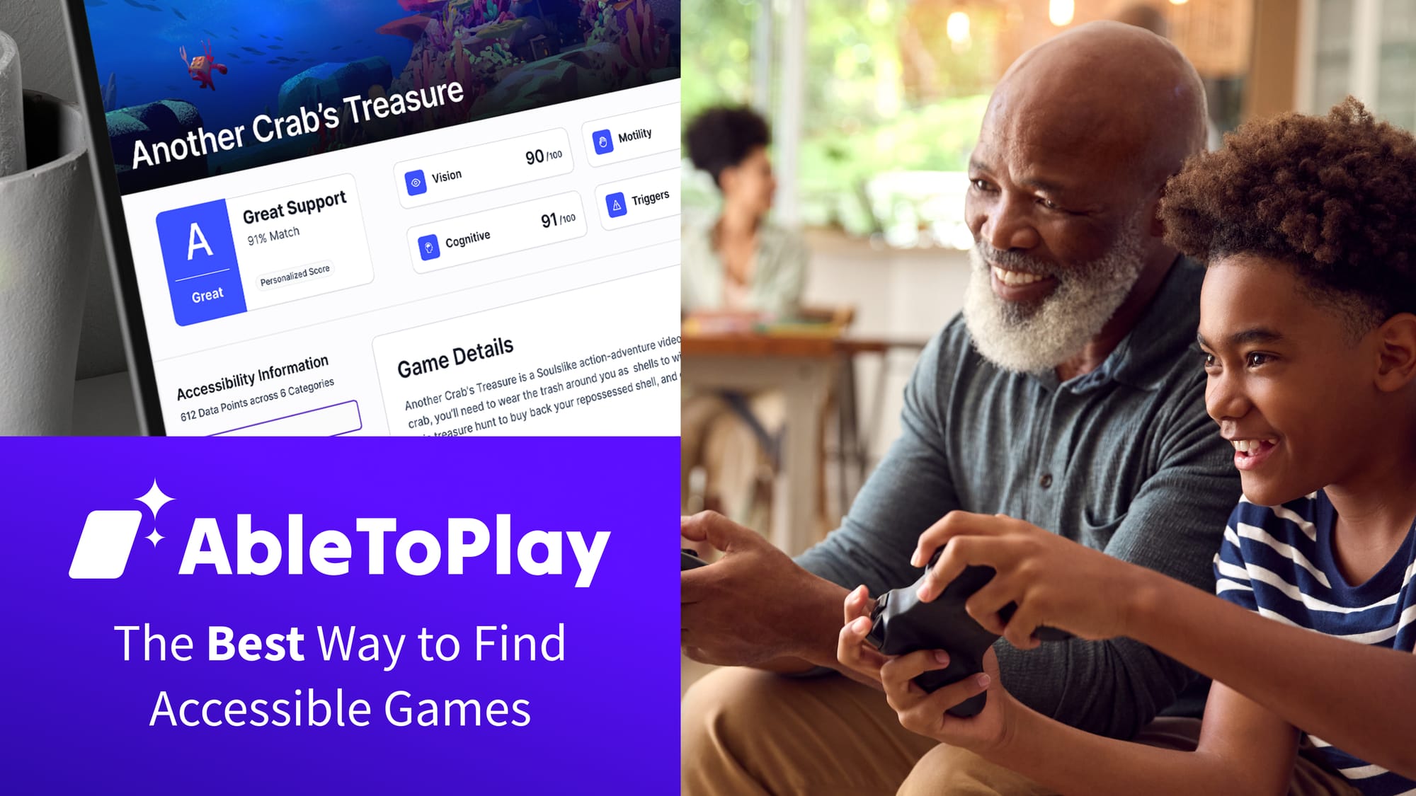 Composite image with AbleToPlay branding and screenshot, next to photograph of a grandfather and grandchild playing videogames together.